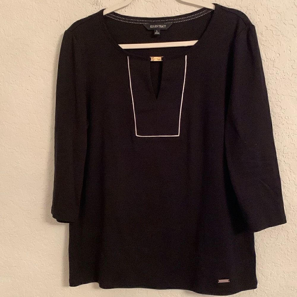 Ellen Tracy Black Cotton Knit 3/4 Sleeve Keyhole Neck Top Blouse Size L